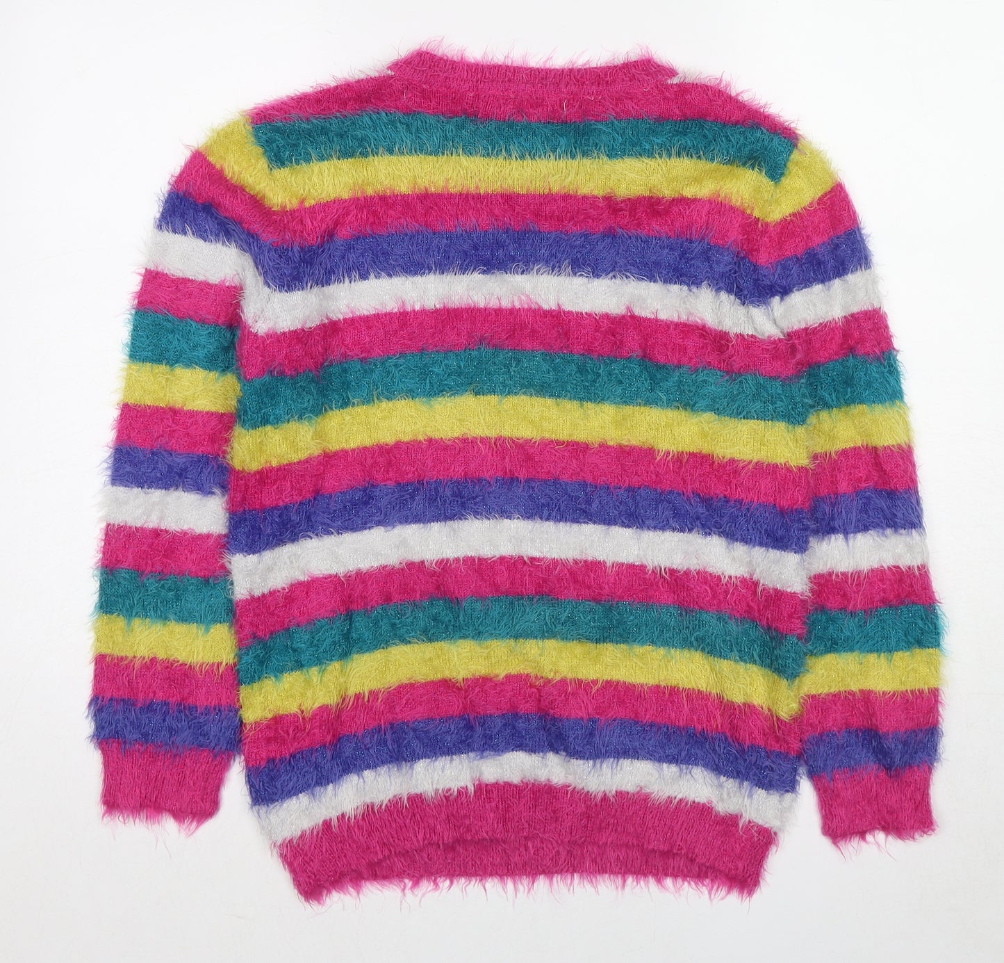 Marks and Spencer Girls Multicoloured Round Neck Striped Polyamide Pullover Jumper Size 14-15 Years Pullover