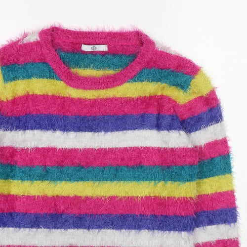 Marks and Spencer Girls Multicoloured Round Neck Striped Polyamide Pullover Jumper Size 14-15 Years Pullover