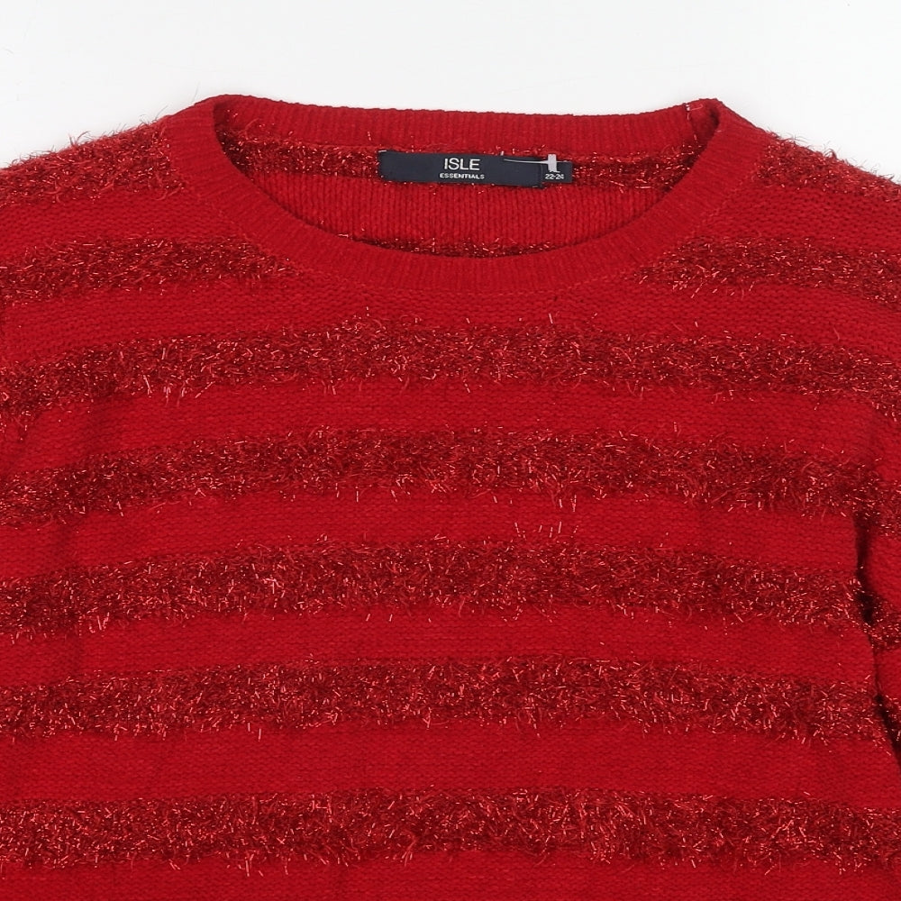 EWM Womens Red Round Neck Striped Polyester Pullover Jumper Size 22 - Size 22-24