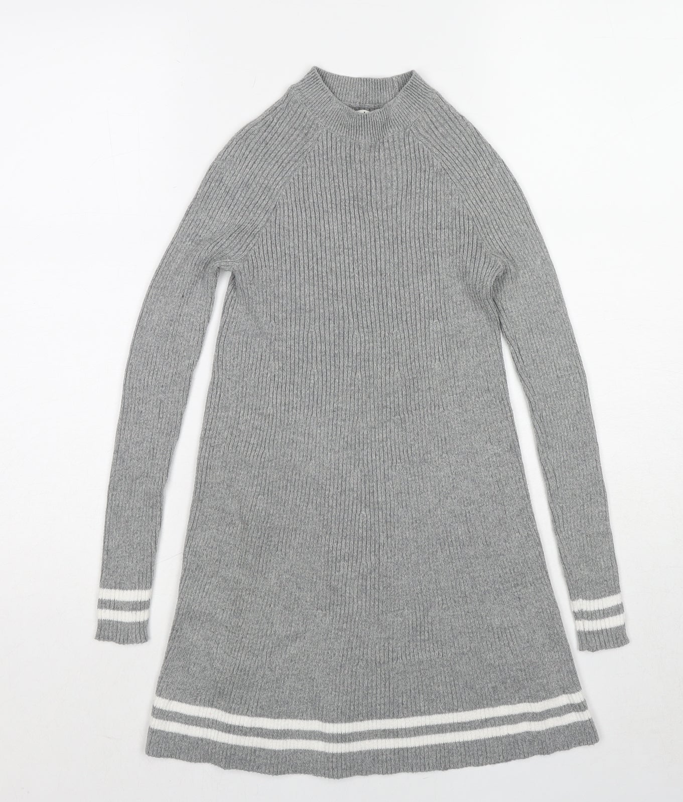 abercrombie kids Girls Grey Cotton Jumper Dress Size 9-10 Years Mock Neck Pullover - Stripe Detail