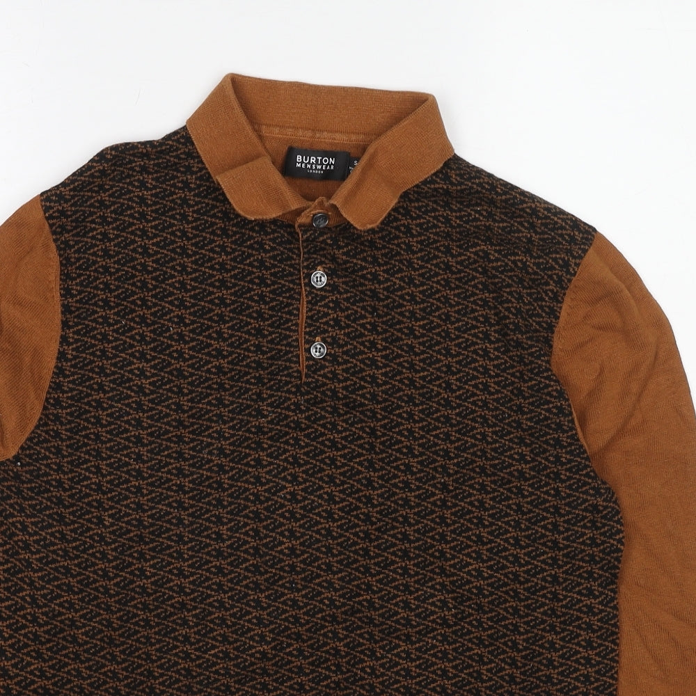 Burton Mens Brown Collared Geometric Cotton Pullover Jumper Size S Long Sleeve