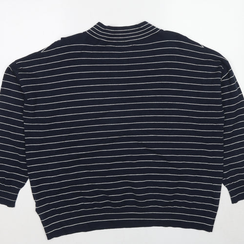 Marks and Spencer Mens Blue Mock Neck Striped Viscose Pullover Jumper Size L Long Sleeve