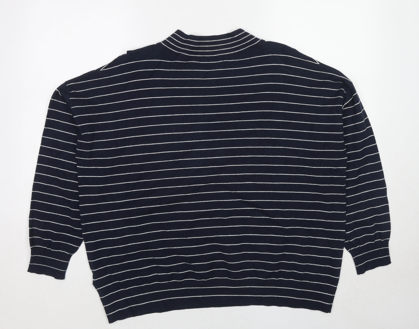 Marks and Spencer Mens Blue Mock Neck Striped Viscose Pullover Jumper Size L Long Sleeve