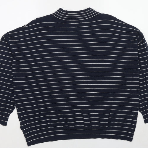 Marks and Spencer Mens Blue Mock Neck Striped Viscose Pullover Jumper Size L Long Sleeve