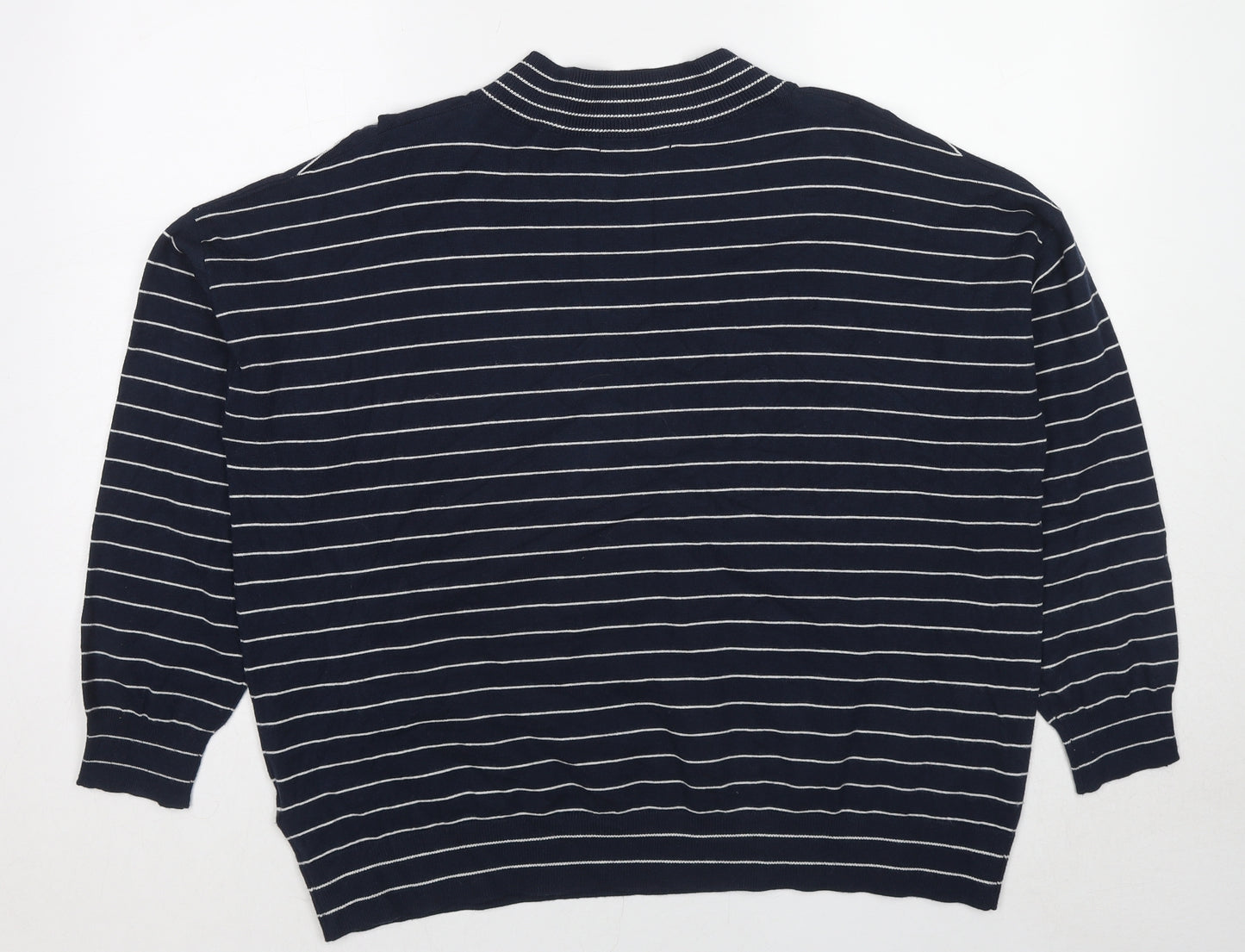 Marks and Spencer Mens Blue Mock Neck Striped Viscose Pullover Jumper Size L Long Sleeve