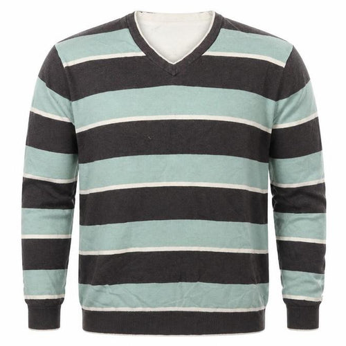 Atlantic Bay Mens Grey V-Neck Striped Cotton Pullover Jumper Size XL Long Sleeve