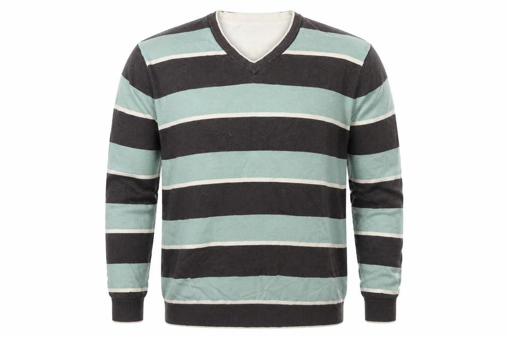 Atlantic Bay Mens Grey V-Neck Striped Cotton Pullover Jumper Size XL Long Sleeve