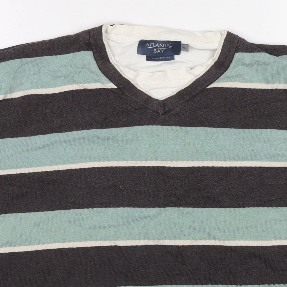 Atlantic Bay Mens Grey V-Neck Striped Cotton Pullover Jumper Size XL Long Sleeve