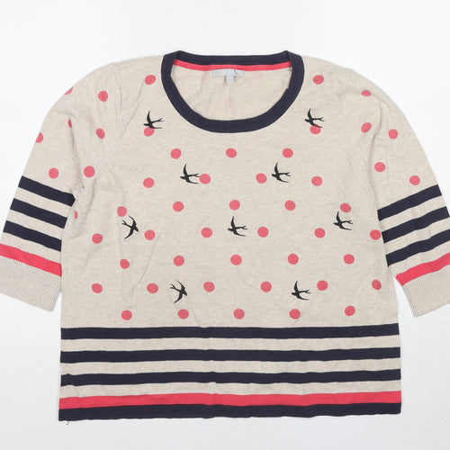 Per Una Womens Multicoloured Round Neck Geometric Cotton Pullover Jumper Size 10 - Polka Dot Bird Print