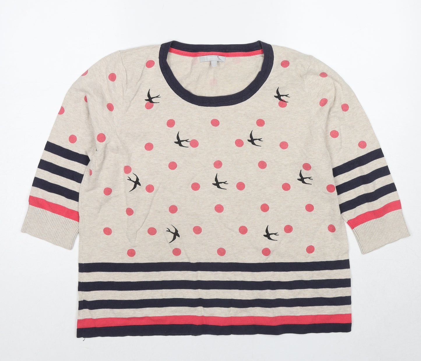 Per Una Womens Multicoloured Round Neck Geometric Cotton Pullover Jumper Size 10 - Polka Dot Bird Print