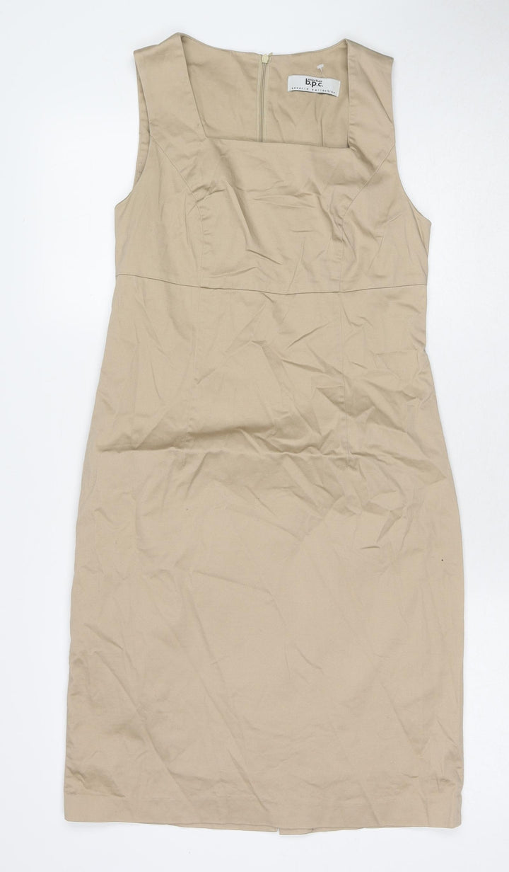 bonprix Womens Beige Cotton Shift Size 10 Square Neck Zip