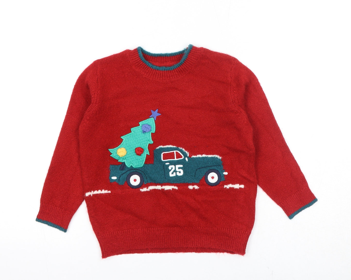 Marks and Spencer Boys Red Crew Neck Acrylic Pullover Jumper Size 2-3 Years Pullover - Christmas Tree