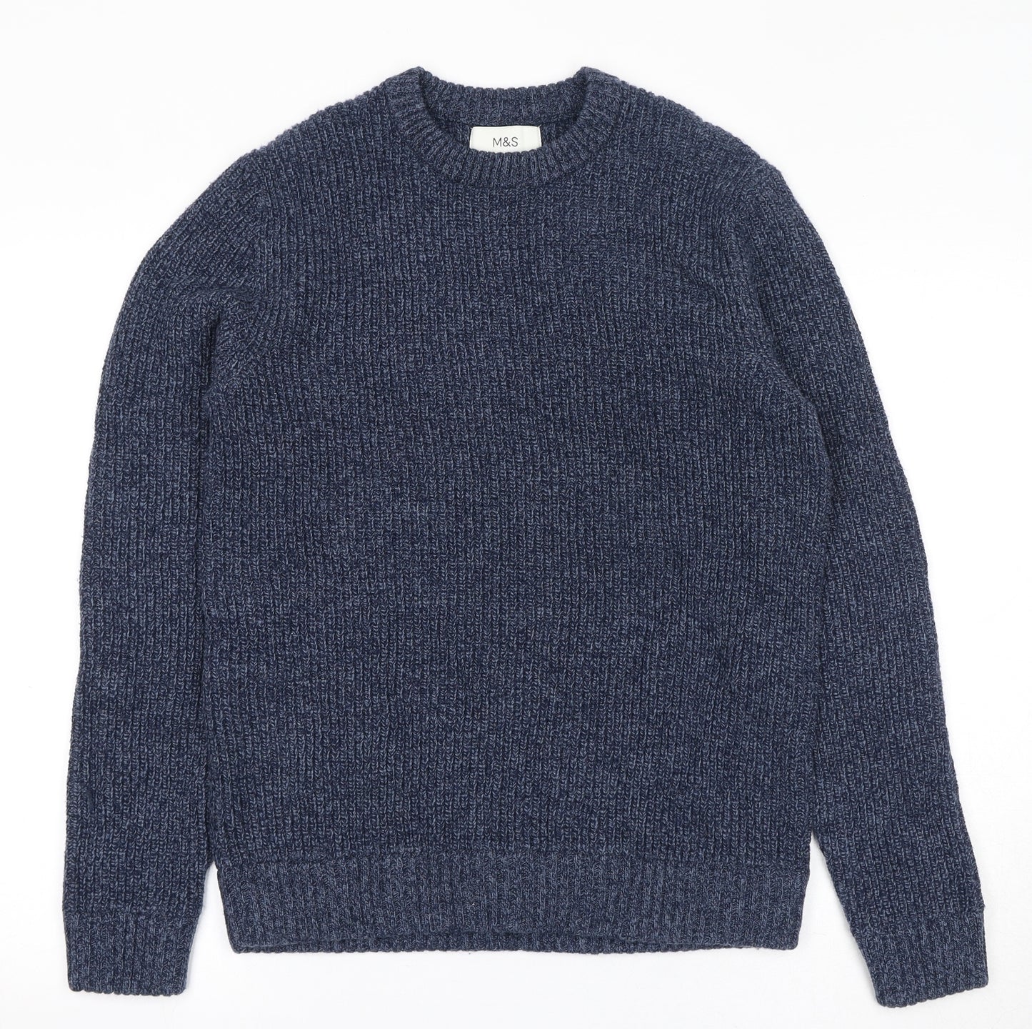 Marks and Spencer Mens Blue Round Neck Wool Pullover Jumper Size S Long Sleeve
