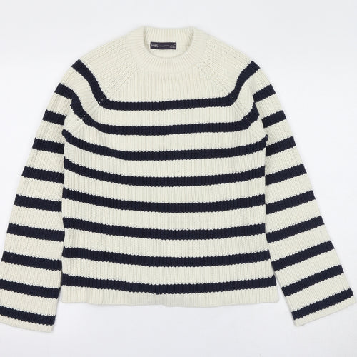 Marks and Spencer Womens Ivory Round Neck Striped Cotton Pullover Jumper Size XS