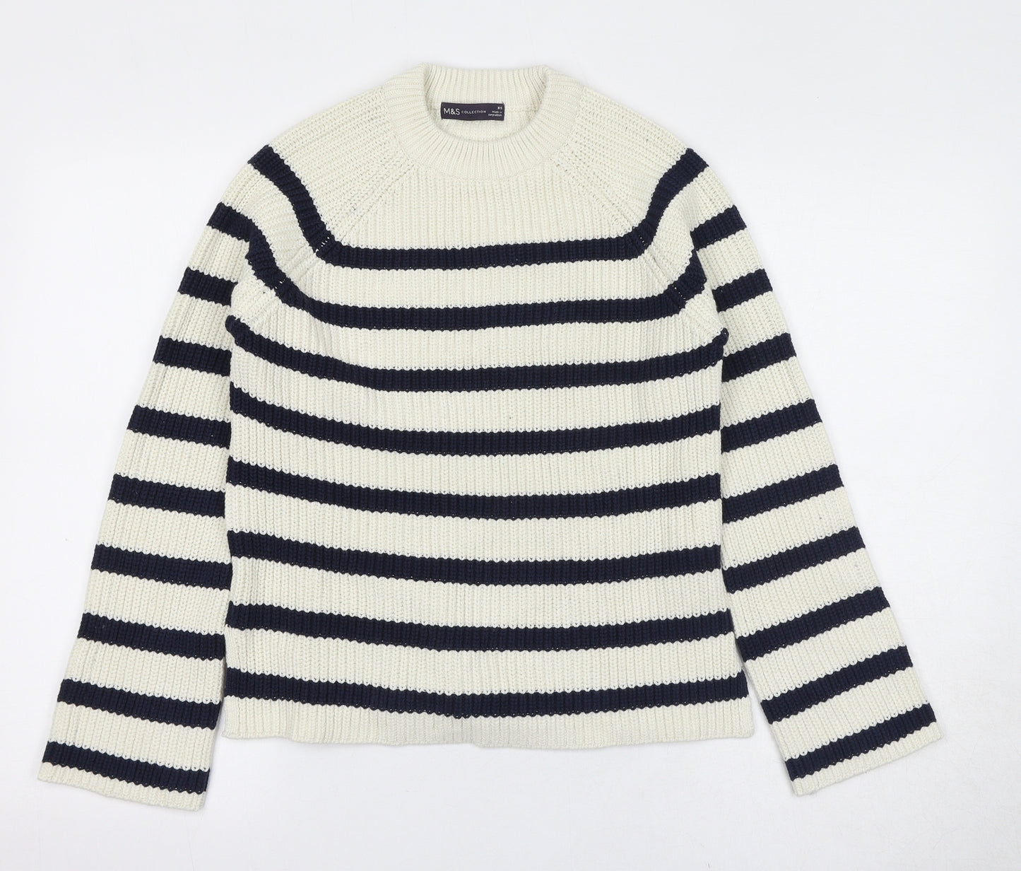 Marks and Spencer Womens Ivory Round Neck Striped Cotton Pullover Jumper Size XS