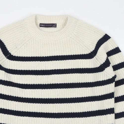 Marks and Spencer Womens Ivory Round Neck Striped Cotton Pullover Jumper Size XS