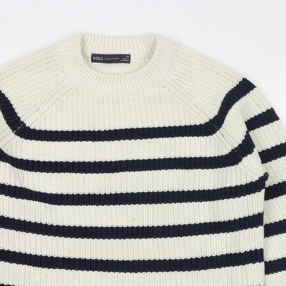 Marks and Spencer Womens Ivory Round Neck Striped Cotton Pullover Jumper Size XS