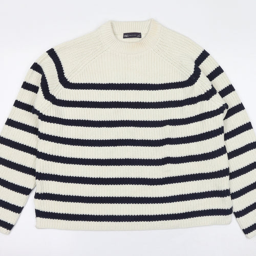 Marks and Spencer Womens Ivory Round Neck Striped Cotton Pullover Jumper Size M