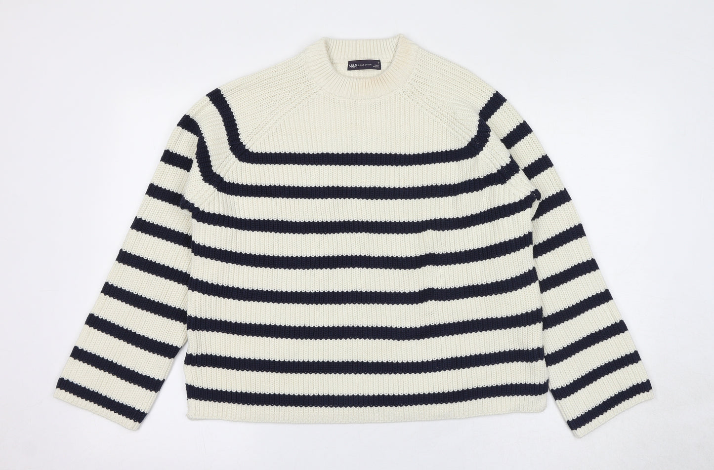 Marks and Spencer Womens Ivory Round Neck Striped Cotton Pullover Jumper Size M