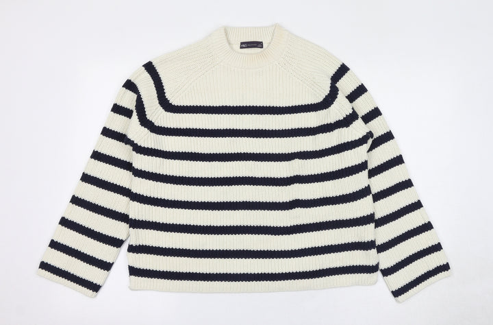Marks and Spencer Womens Ivory Round Neck Striped Cotton Pullover Jumper Size M