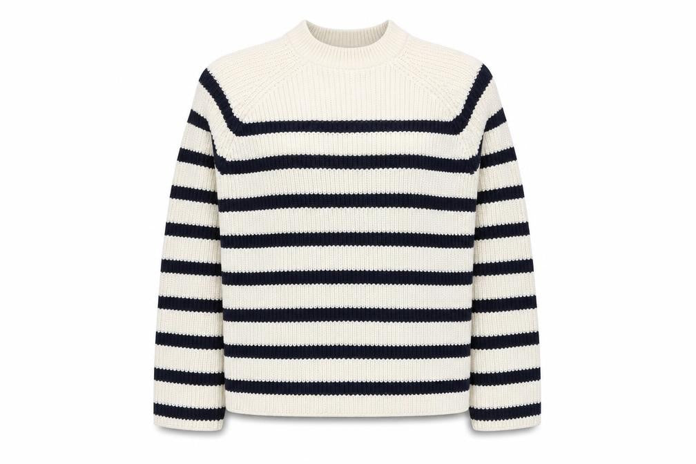 Front view of Marks & Spencer women’s ivory round neck striped cotton jumper, size M