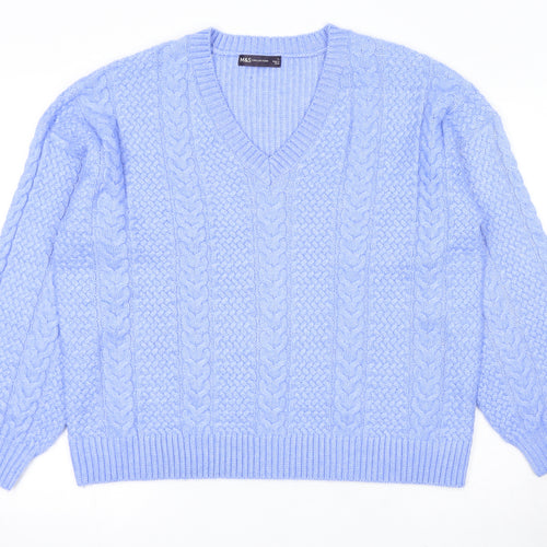 Marks and Spencer Womens Blue V-Neck Polyester Pullover Jumper Size L