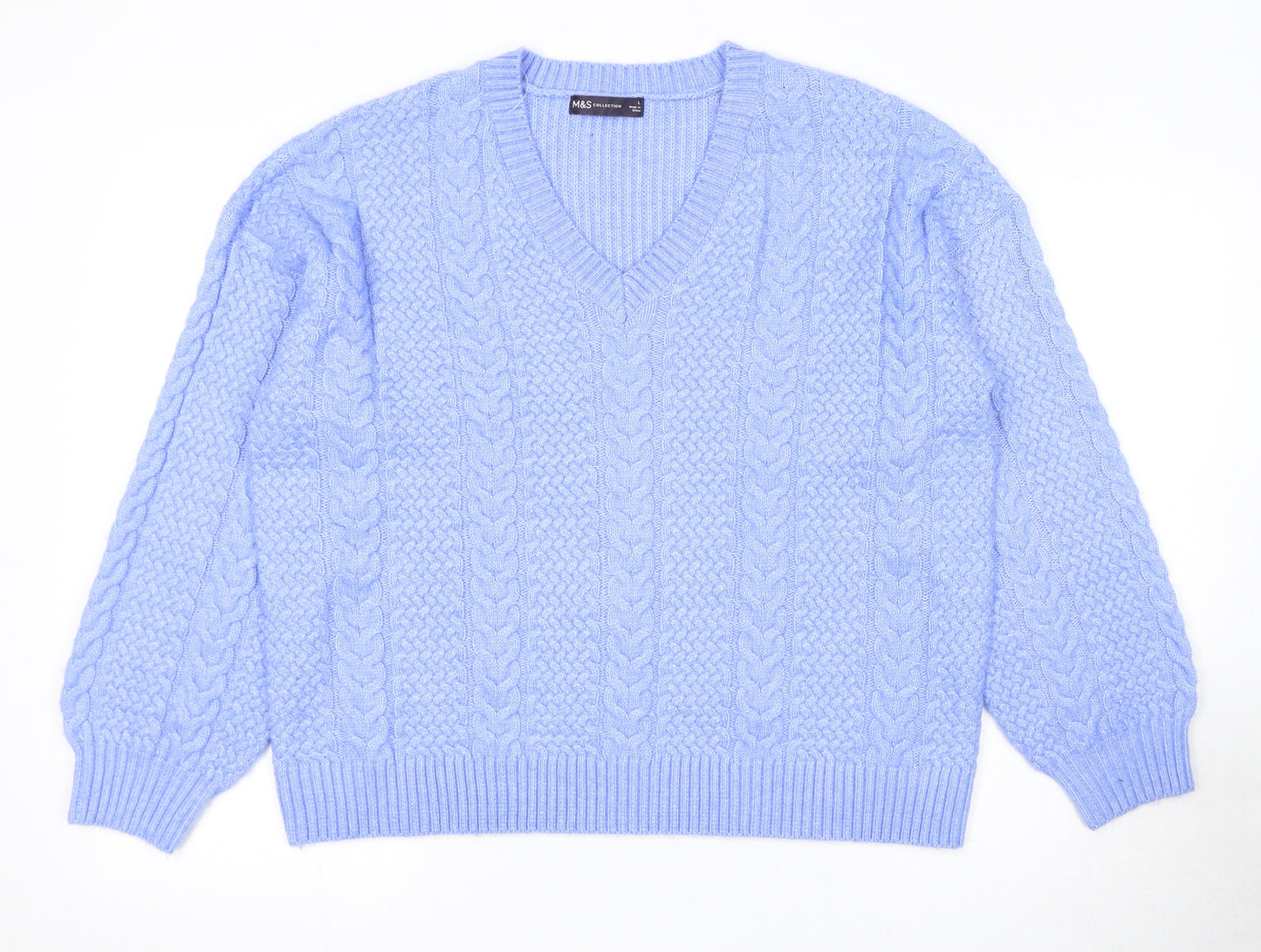 Marks and Spencer Womens Blue V-Neck Polyester Pullover Jumper Size L