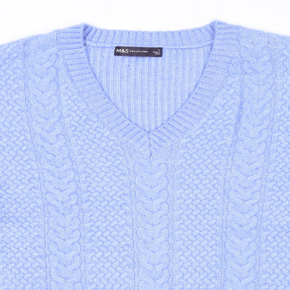 Marks and Spencer Womens Blue V-Neck Polyester Pullover Jumper Size L