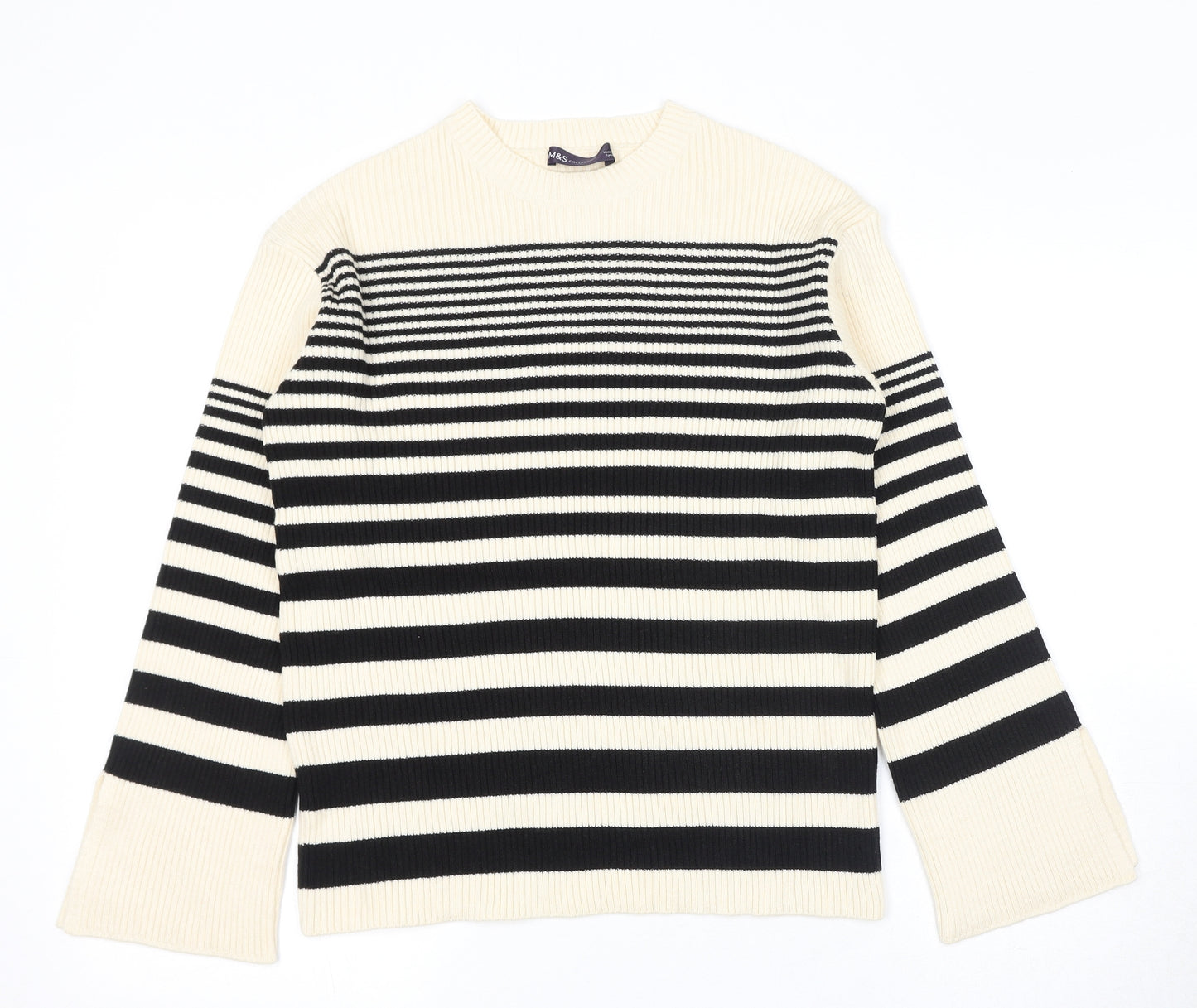 Marks and Spencer Womens Black Crew Neck Striped Polyester Pullover Jumper Size M