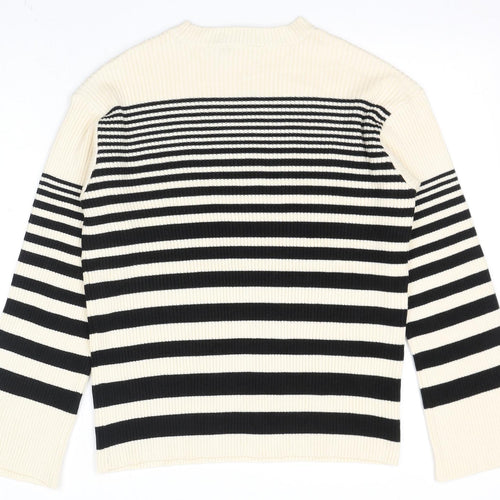 Marks and Spencer Womens Black Crew Neck Striped Polyester Pullover Jumper Size M