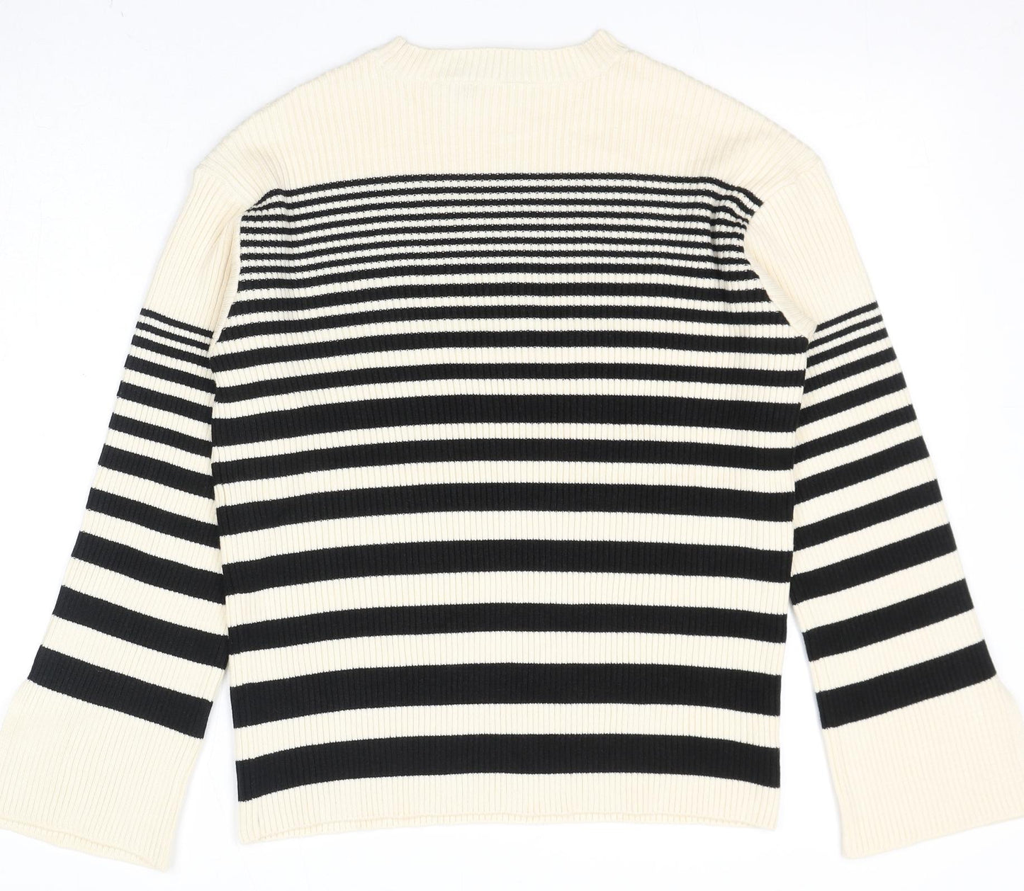 Marks and Spencer Womens Black Crew Neck Striped Polyester Pullover Jumper Size M