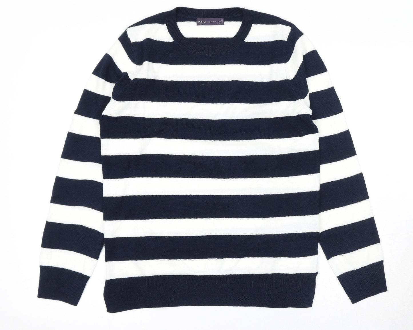 Marks and Spencer Womens Blue Round Neck Striped Acrylic Pullover Jumper Size 10