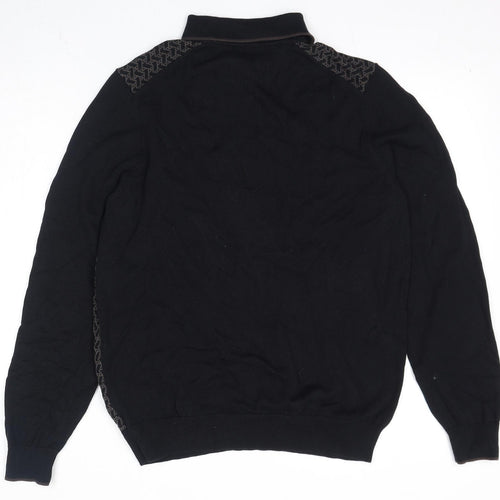 Autograph Mens Black Collared Geometric Cotton Pullover Jumper Size M Long Sleeve