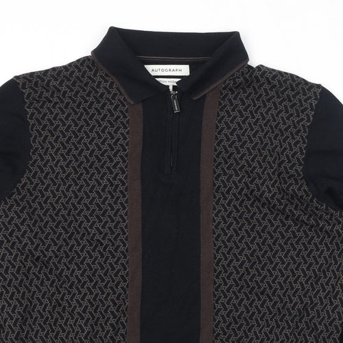Autograph Mens Black Collared Geometric Cotton Pullover Jumper Size M Long Sleeve