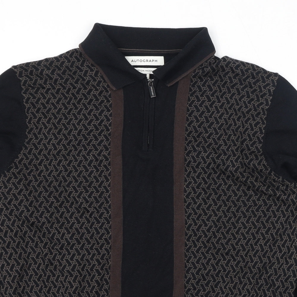 Autograph Mens Black Collared Geometric Cotton Pullover Jumper Size M Long Sleeve