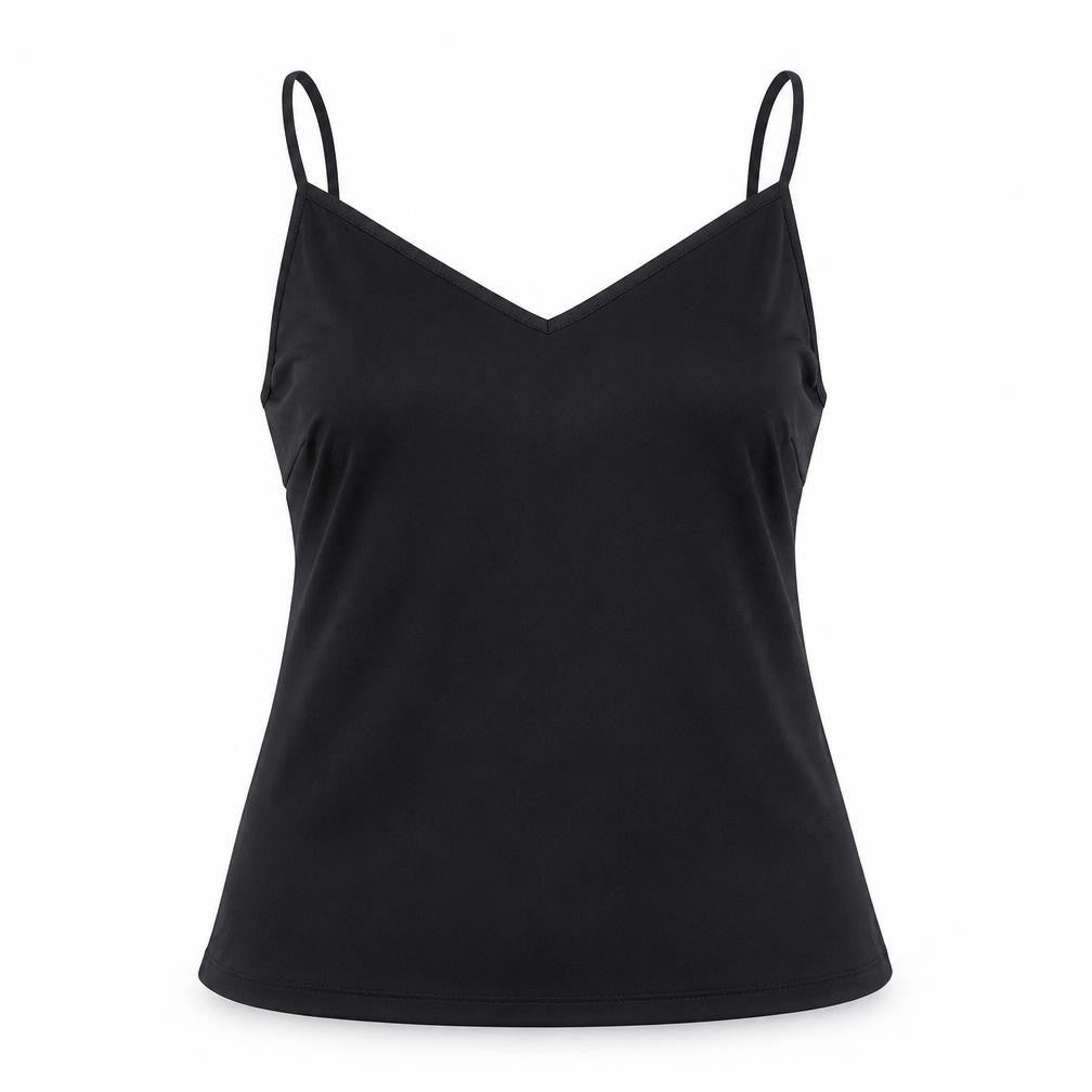 Front view of Marks & Spencer women’s black polyester camisole tank, size UK 8, v-neck