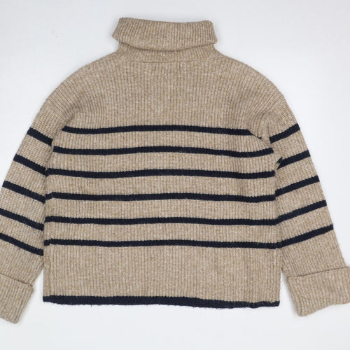 Marks and Spencer Womens Beige Roll Neck Striped Polyester Pullover Jumper Size M