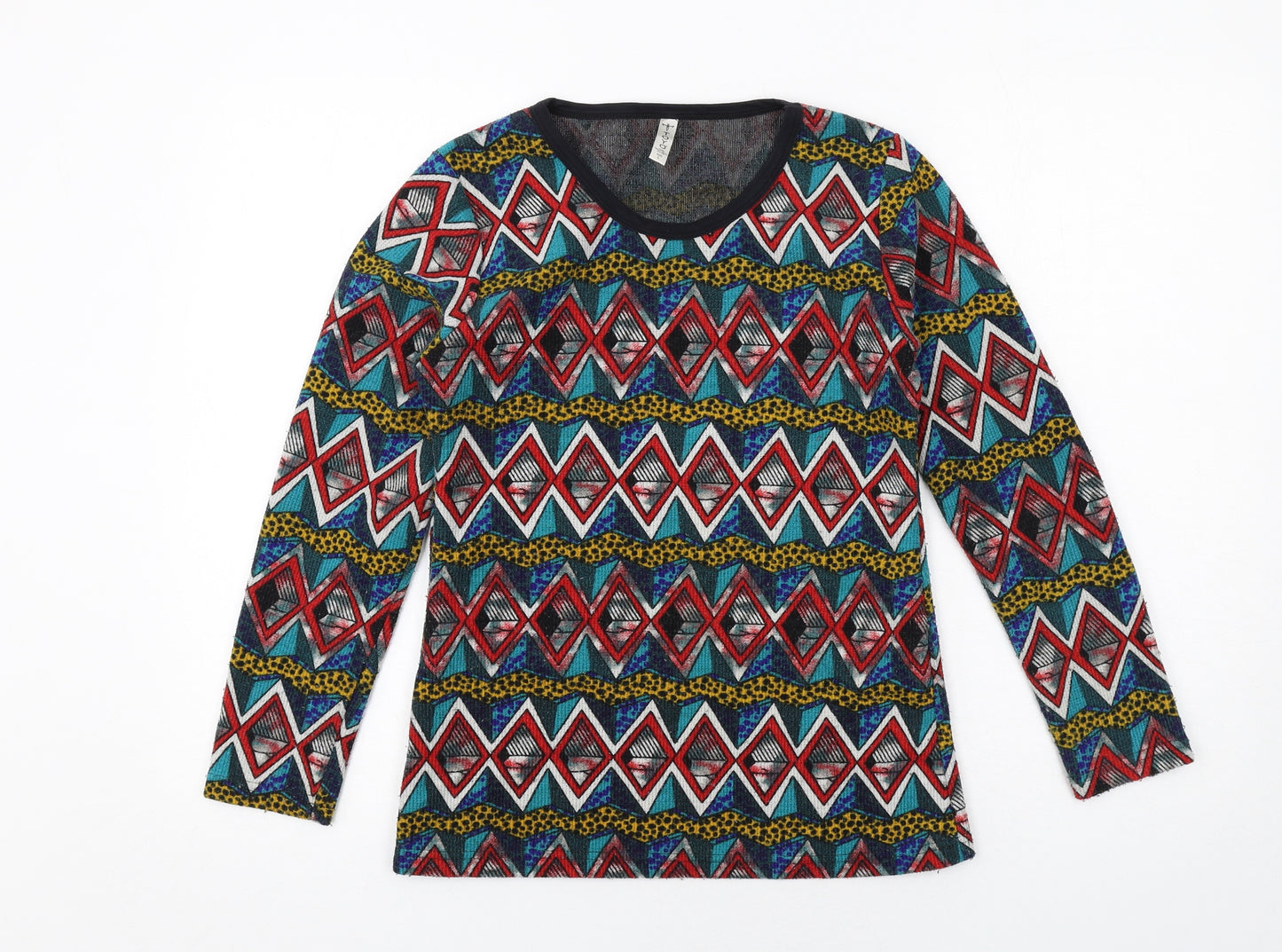Toyo Womens Multicoloured Geometric Polyester Basic T-Shirt Size L Round Neck