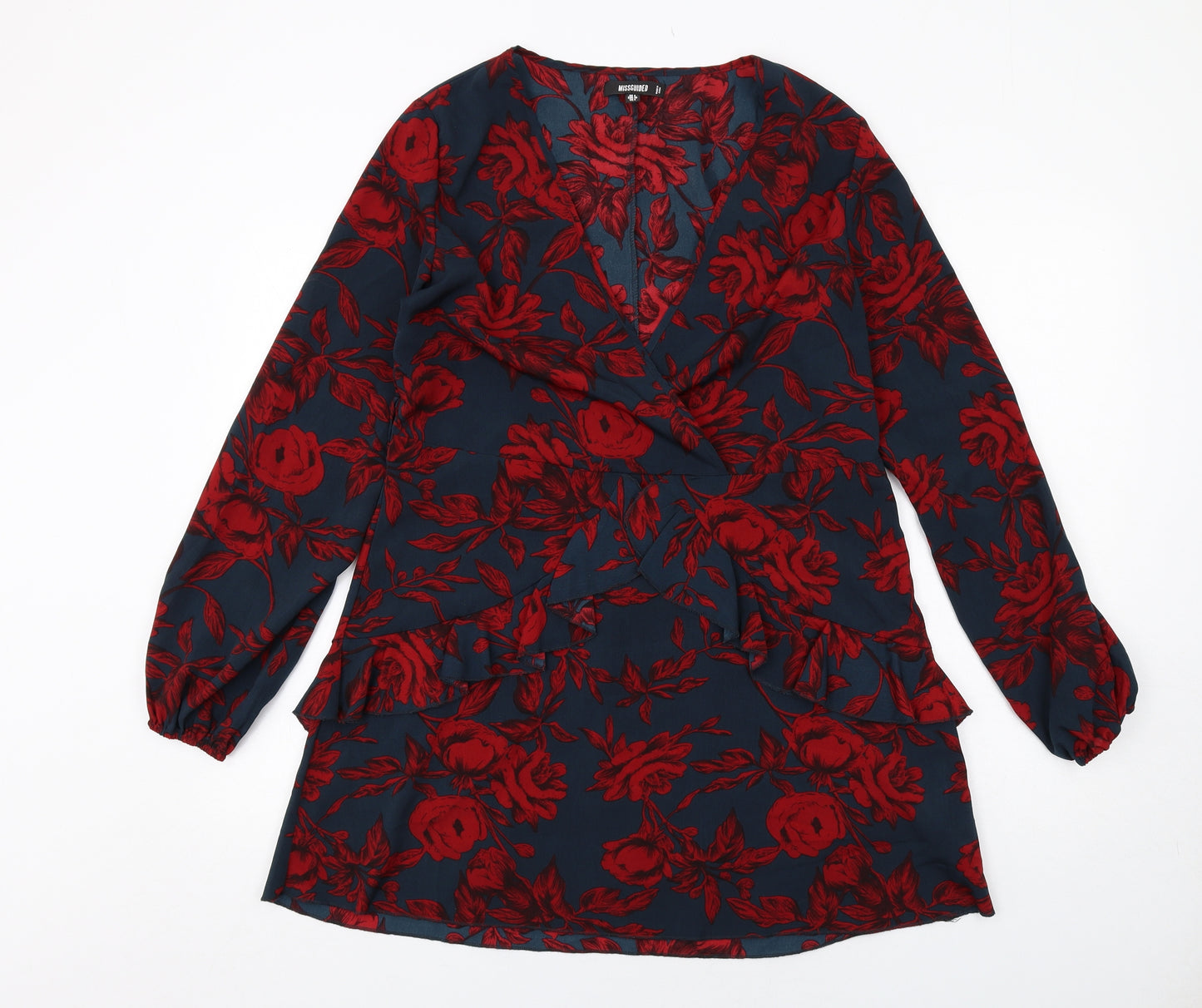 Missguided Womens Blue Floral Polyester A-Line Size 8 V-Neck Pullover