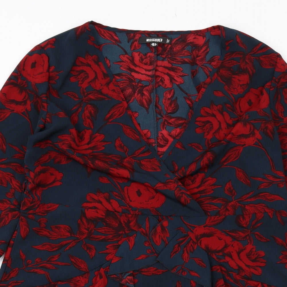 Missguided Womens Blue Floral Polyester A-Line Size 8 V-Neck Pullover