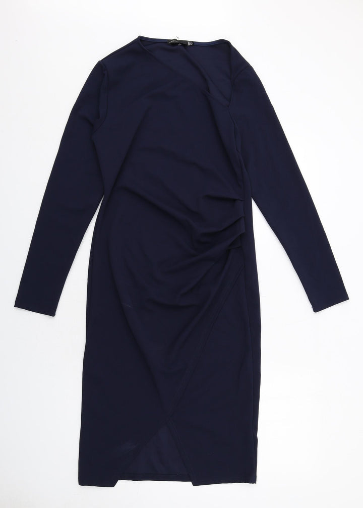 PRETTYLITTLETHING Womens Blue Polyester A-Line Size 14 V-Neck Pullover