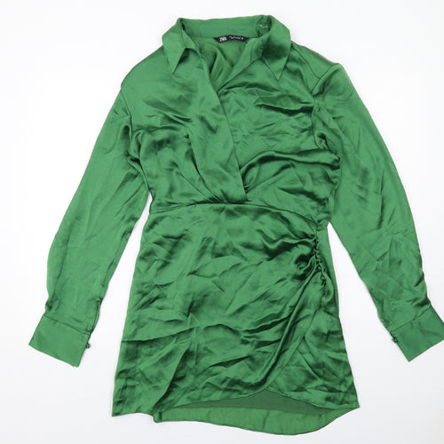 Zara Womens Green Polyester A-Line Size L Collared Zip