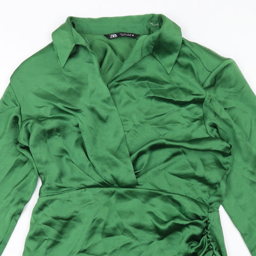 Zara Womens Green Polyester A-Line Size L Collared Zip