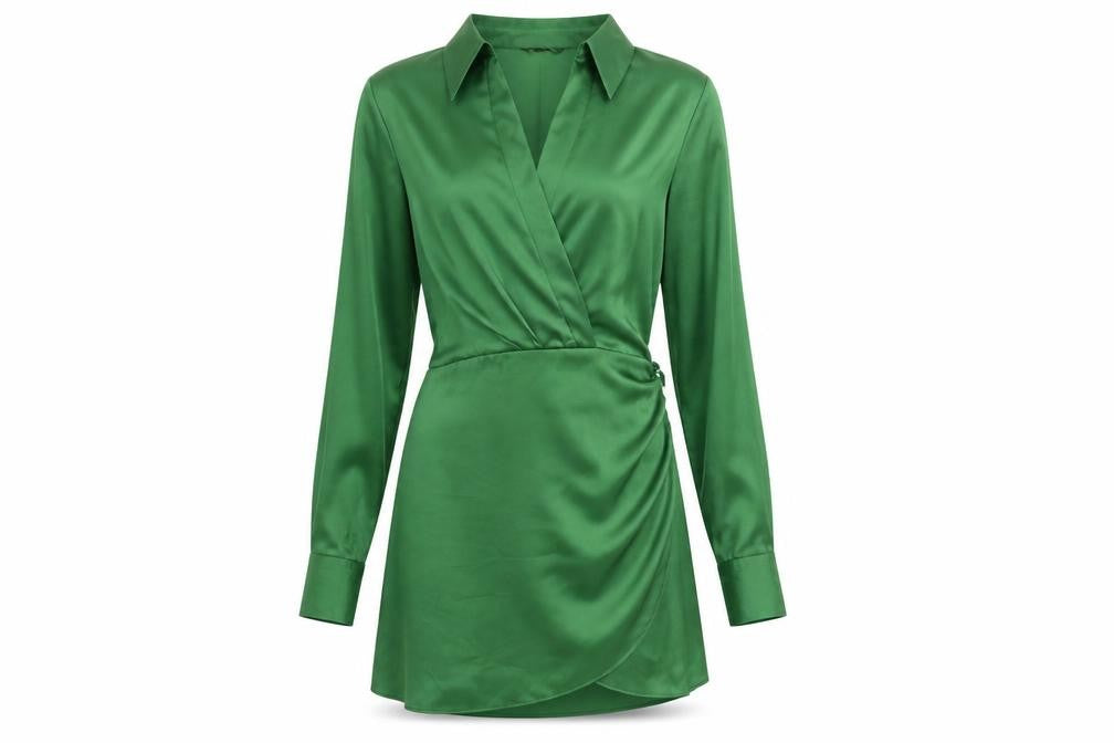 Front view of Zara women’s green polyester a-line, size S, collared zip