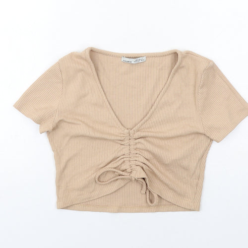 Pull&Bear Womens Beige Viscose Cropped T-Shirt Size M V-Neck - Drawstring