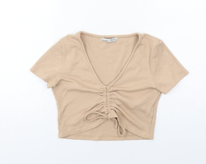 Pull&Bear Womens Beige Viscose Cropped T-Shirt Size M V-Neck - Drawstring