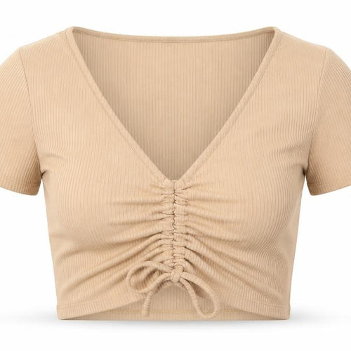 Pull&Bear Womens Beige Viscose Cropped T-Shirt Size M V-Neck - Drawstring