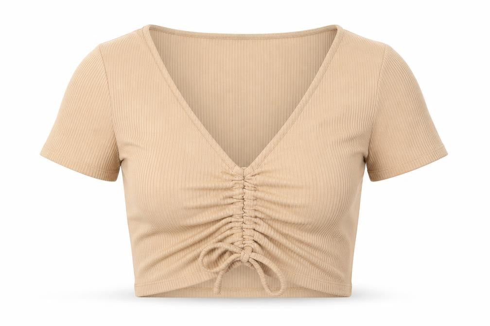 Pull&Bear Womens Beige Viscose Cropped T-Shirt Size M V-Neck - Drawstring