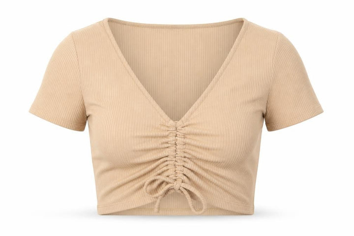 Pull&Bear Womens Beige Viscose Cropped T-Shirt Size M V-Neck - Drawstring
