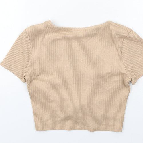 Pull&Bear Womens Beige Viscose Cropped T-Shirt Size M V-Neck - Drawstring